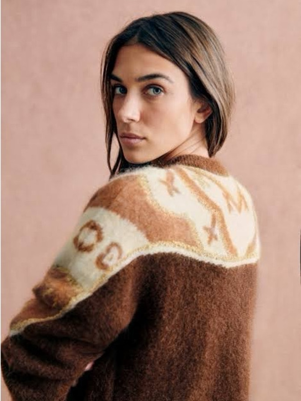 Sezane Brown and Cream Patterned Mohair Wool Blend Cardigan with Gold Metallic S - Picture 3 of 15